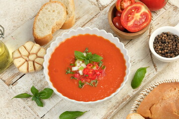 Gazpacho,Cold Spanish soup,Tasty appetizing summer soup on white table