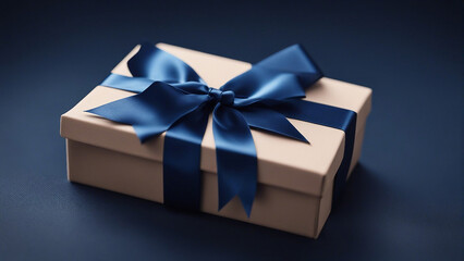 AI produced a little luxury present box with a blue ribbon on a dark blue table. - Powered by Adobe