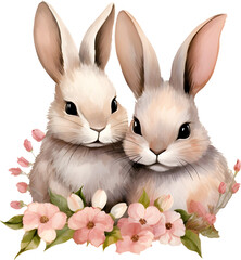 Obraz premium Watercolor 2 bunny rabbit with flowers clipart for love animal Easter holiday celebration design