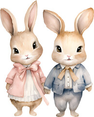 Obraz premium Watercolor cute baby rabbit lover holding hands in vintage clothes clipart for animal pet Easter illustration art