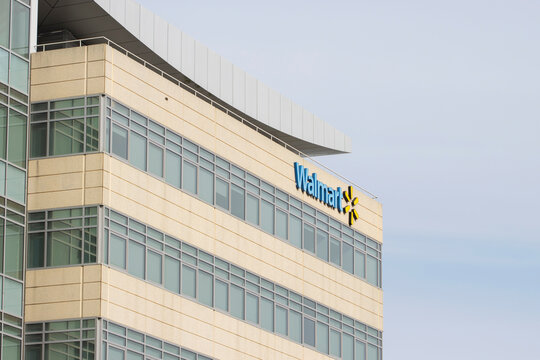 San Bruno, CA, USA - May 5, 2022: Walmart logo is seen at Walmart.com's headquarters in San Bruno, California. Walmart, Inc. is an American multinational retail corporation.