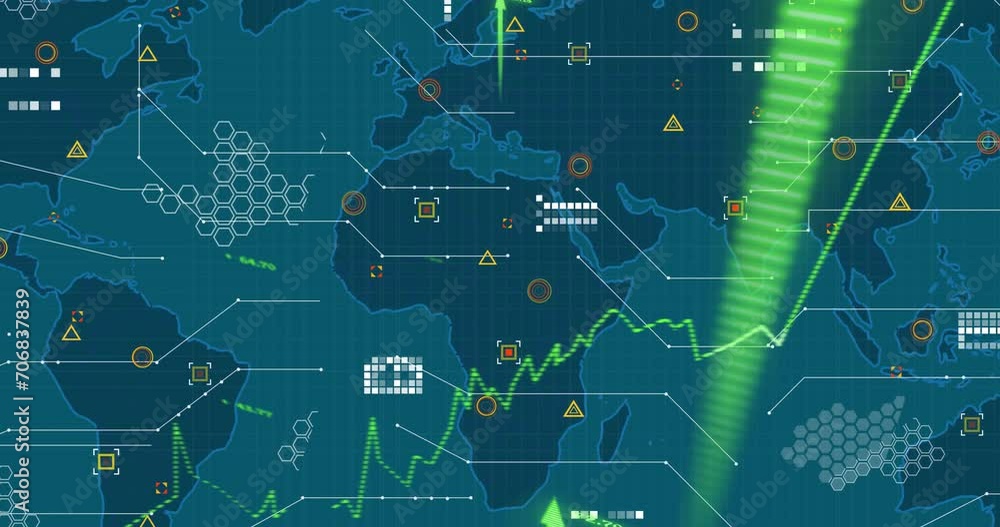 Poster animation of green graph with upward arrows and data processing over blue world map