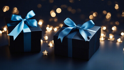 AI produced a little luxury present box with a blue ribbon on a dark blue table.