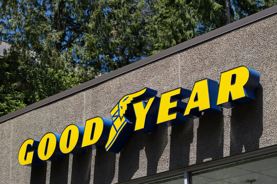 Lake Oswego, OR, USA - May 21, 2022: Closeup of the Goodyear sign seen at one of its stores. The Goodyear Tire and Rubber Company is an American tire manufacturer headquartered in Akron, Ohio.
