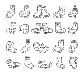 Cute kawaii socks cartoon character with different textures. Coloring Page. Hand drawn style. Vector drawing. Collection of design elements.