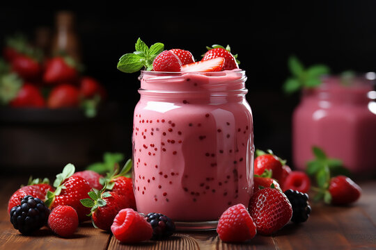 Healthy strawberry smoothie in a mason a jar glass