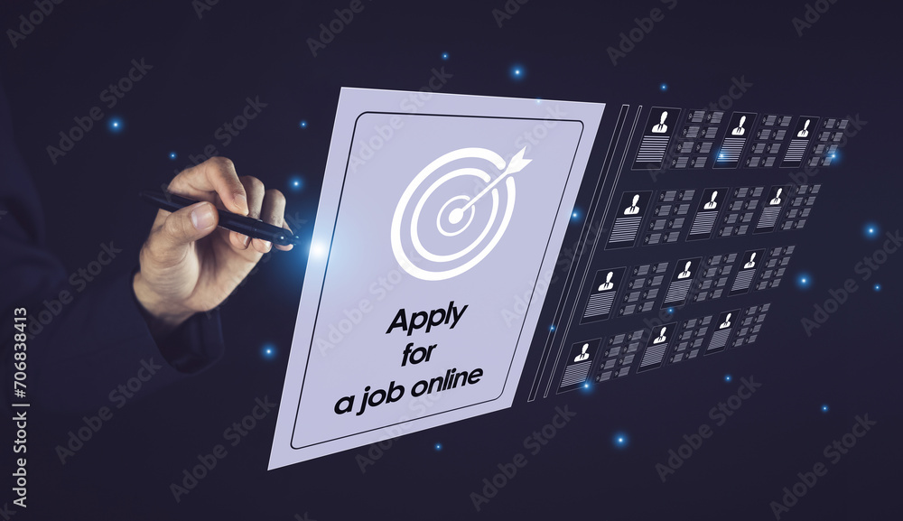 Poster man uses computer to apply for job online find jobs that match your needs easily with the online job
