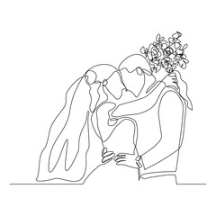 Continuous single line sketch drawing of romantic wedding couple groom and bride elegant suit and dress. One line art of  married couple wedding celebration day hug kiss pose vector illustration