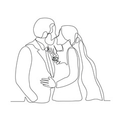 Continuous single line sketch drawing of romantic wedding couple groom and bride elegant suit and dress. One line art of  married couple wedding celebration day hug kiss pose vector illustration