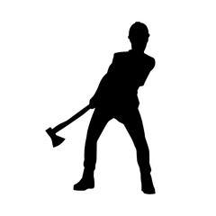 Silhouette of a worker in action pose using his axe tool.
