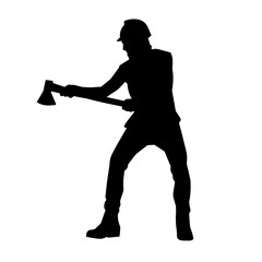 Silhouette of a worker in action pose using his axe tool.
