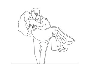 Continuous single line sketch drawing of romantic wedding couple groom and bride elegant suit and dress. One line art of  married couple wedding celebration day hug kiss pose vector illustration