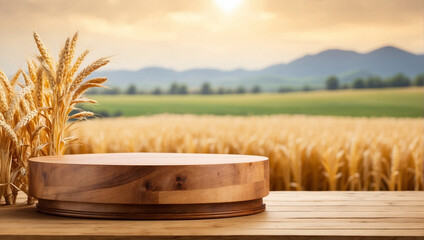 wooden podium for product presentation with blurry cornfield background - obrazy, fototapety, plakaty