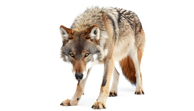 Young wolf staring at its pray. Isolated on white