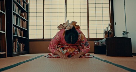 Woman, prayer and Japanese or spiritual religion in tatami room for tradition culture, respect or...