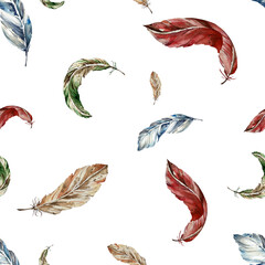 watercolor seamless pattern of bright feathers. blue, green, brown and red feathers. handmade work. on a white background. for your design