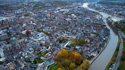 Aerial view of the old town of Namur on a cloudy day in late autumn.	