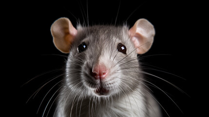 close up gray rat on black background