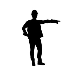 Silhouette of man in construction worker costume. Silhouette of construction worker male in pose. 
