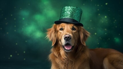 St. Patrick's day banner with lovely golden retriever wearing green irish elf hat. Green glittery bokeh background