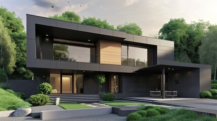 Modern luxury minimalist cubic house, villa with wooden cladding and black panel walls and landscaping design front yard. Residential architecture exterior - obrazy, fototapety, plakaty