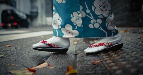 Feet, Japanese shoes and traditional with walk in city for travel and journey outdoor. Fashion,...