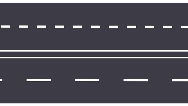 Animation asphalt road looping. Asphalt highway with white markings lines. Moving road aerial top view animation. animated highway Driving Concept.