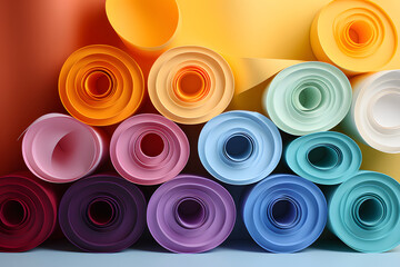 A colorful group of paper rolls on a yellow background