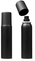 blank black metal bottle with sprayer, perfume, deodorant or cosmetics packaging mockup template isolated on white background, container for hairspray or fresheners