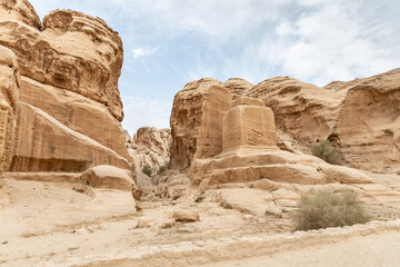 Guardian stones of Djinn blocks on outskirts of the capital of the Nabatean kingdom of Petra in...