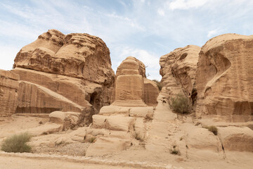Guardian stones of Djinn blocks on outskirts of capital of Nabatean kingdom of Petra in Wadi Musa...
