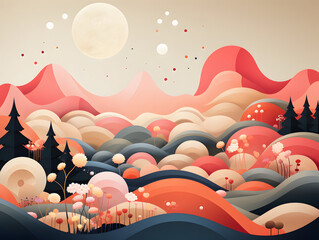 A colorful landscape with abstract shapes
