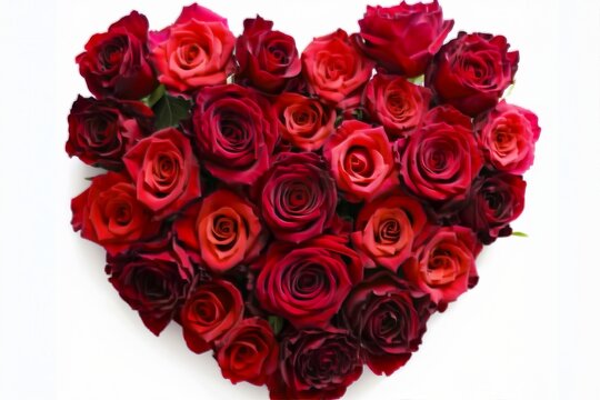 Valentines Day Heart Made of Red Roses Isolated on White Background. generative ai.