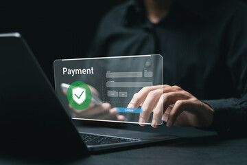 Businessman using laptop to online payment, banking and online shopping. financial transaction. Digital online payment concept.