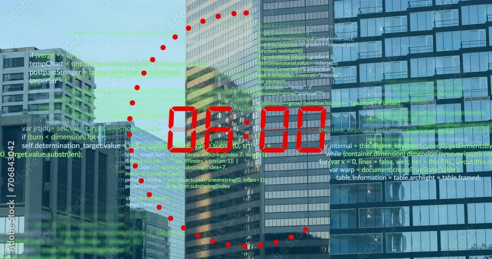 Poster animation of data processing and countdown over cityscape