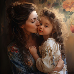 madre besando a su hija dandole amor, para celebrar el dia de las madres o dia de la mama