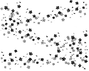 流れるように浮かぶモノクロの桜のシルエットイラスト