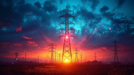 Naklejka premium High power electricity poles on technology abstract background.