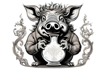 Obraz premium black and white illustration of a boar, Generative AI