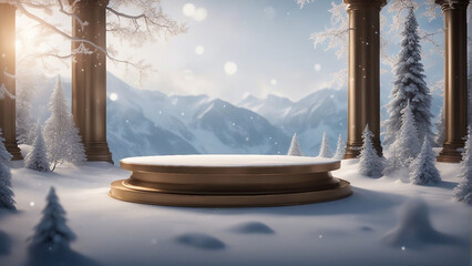 Winter Elegance: Product Showcase with Pedestals and AI-Designed Snowflake Backdrops
