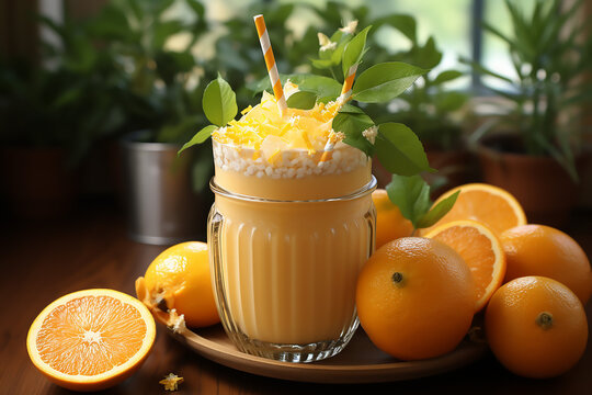 Orange Smoothie In A Glass With Striped Straw And Fruite