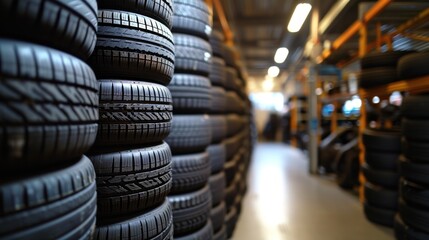 Stack of new car tires in an organized warehouse ready for shipment. - obrazy, fototapety, plakaty