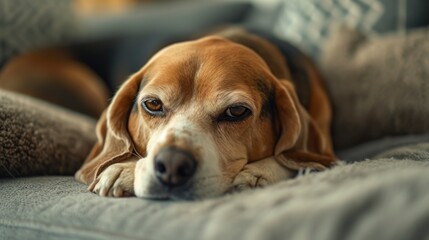 Relaxed beagle lying on a cozy grey knitted blanket.
