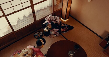 Woman, tea ceremony and Japanese culture in tatami room for religious faith, respect or ritual....