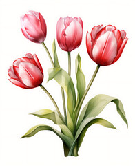 Fototapeta premium Spring tulip flowers top view in flat style. Greeting for Women's or Mother's Day or Spring Sale Banner or Valentine's Day ​