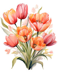 Obraz premium Spring tulip flowers top view in flat style. Greeting for Women's or Mother's Day or Spring Sale Banner or Valentine's Day ​