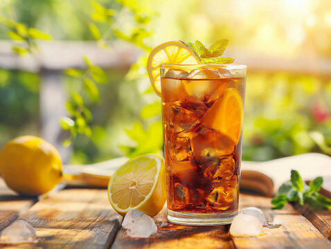 Fototapeta Rooibos Tea Iced Refreshment. Zoom in on a glass filled with iced Rooibos tea, garnished with lemon or mint.