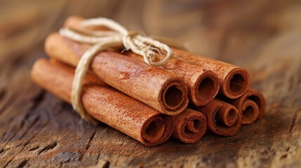 Aromatic cinnamon sticks bundled together with natural twine on a wooden surface.