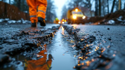 Repair of communications. Water supply, sewerage electrician. Excavated road in the city.