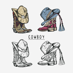 Vector graphic hand drawn illustration rodeo cowboy boots and hat isolated on white for print or design - obrazy, fototapety, plakaty